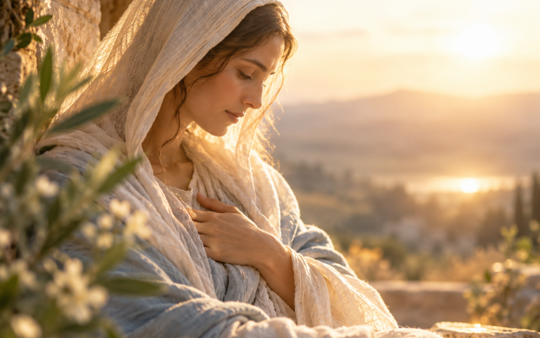 Woman representing Mary, mother of Jesus, wearing a soft cream veil with her hand over her heart in warm golden sunlight.