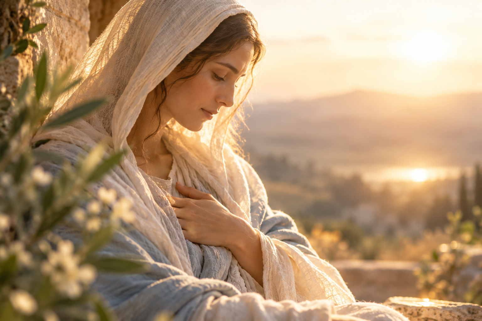 Woman representing Mary, mother of Jesus, wearing a soft cream veil with her hand over her heart in warm golden sunlight.