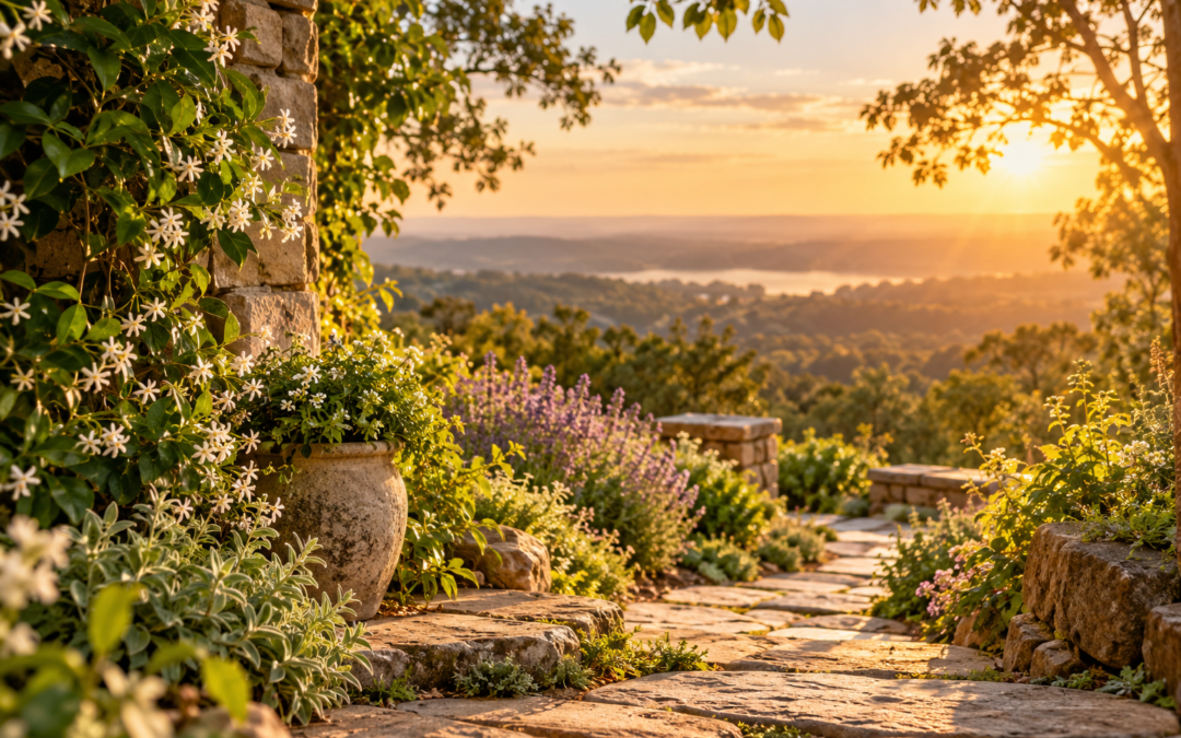 Sunlit garden pathway overlooking a peaceful landscape.