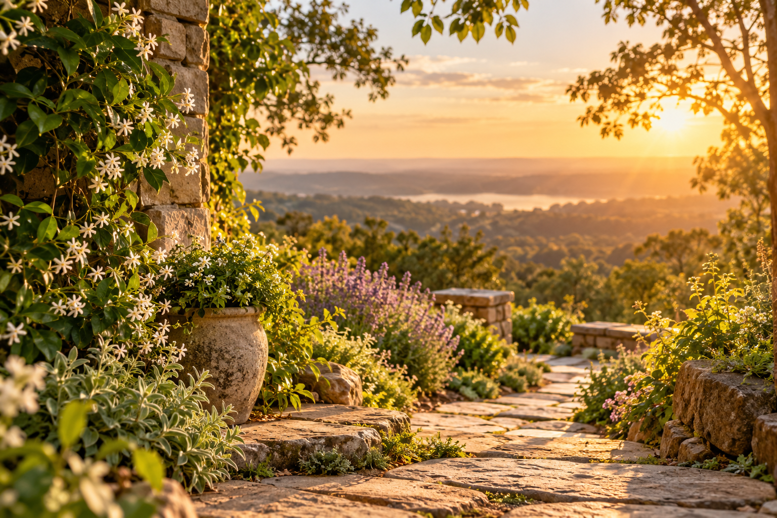 Sunlit garden pathway overlooking a peaceful landscape.
